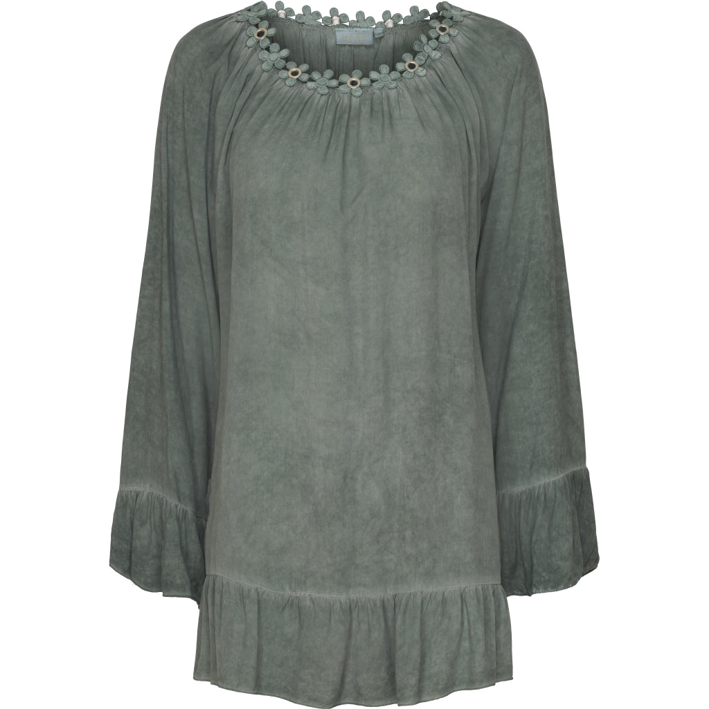 Bluse med blomsterkant - Kaki