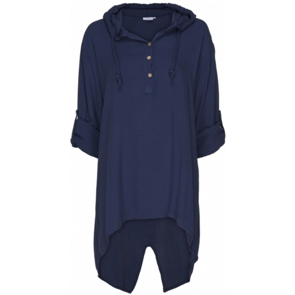 Løstsiddende bluse m. hætte - Navy