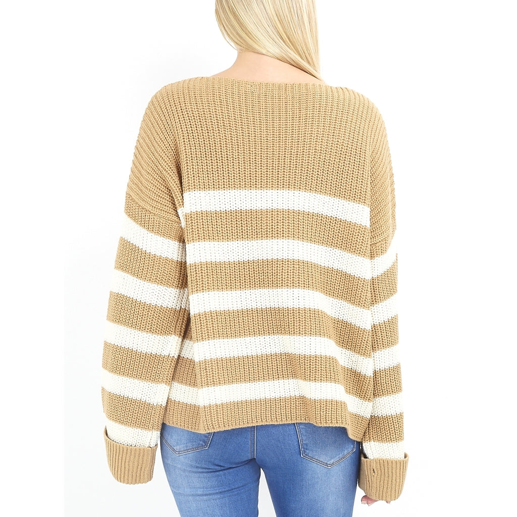 Brave Soul Stribet Pullover Marina - Camel