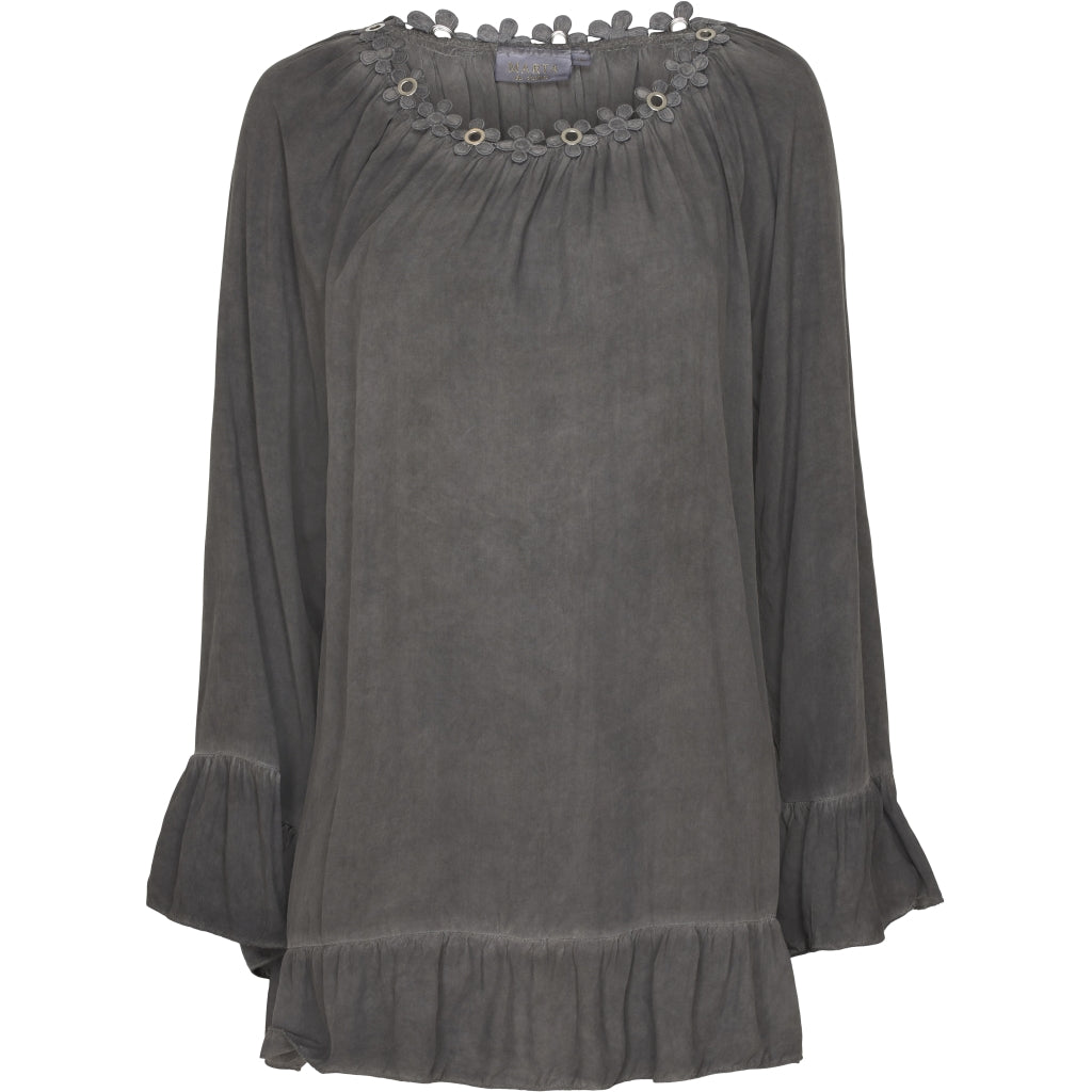 Bluse med blomsterkant - Dark Grey