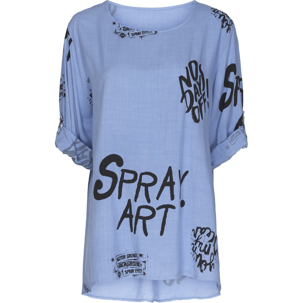 Løs bluse med tekst - Blue