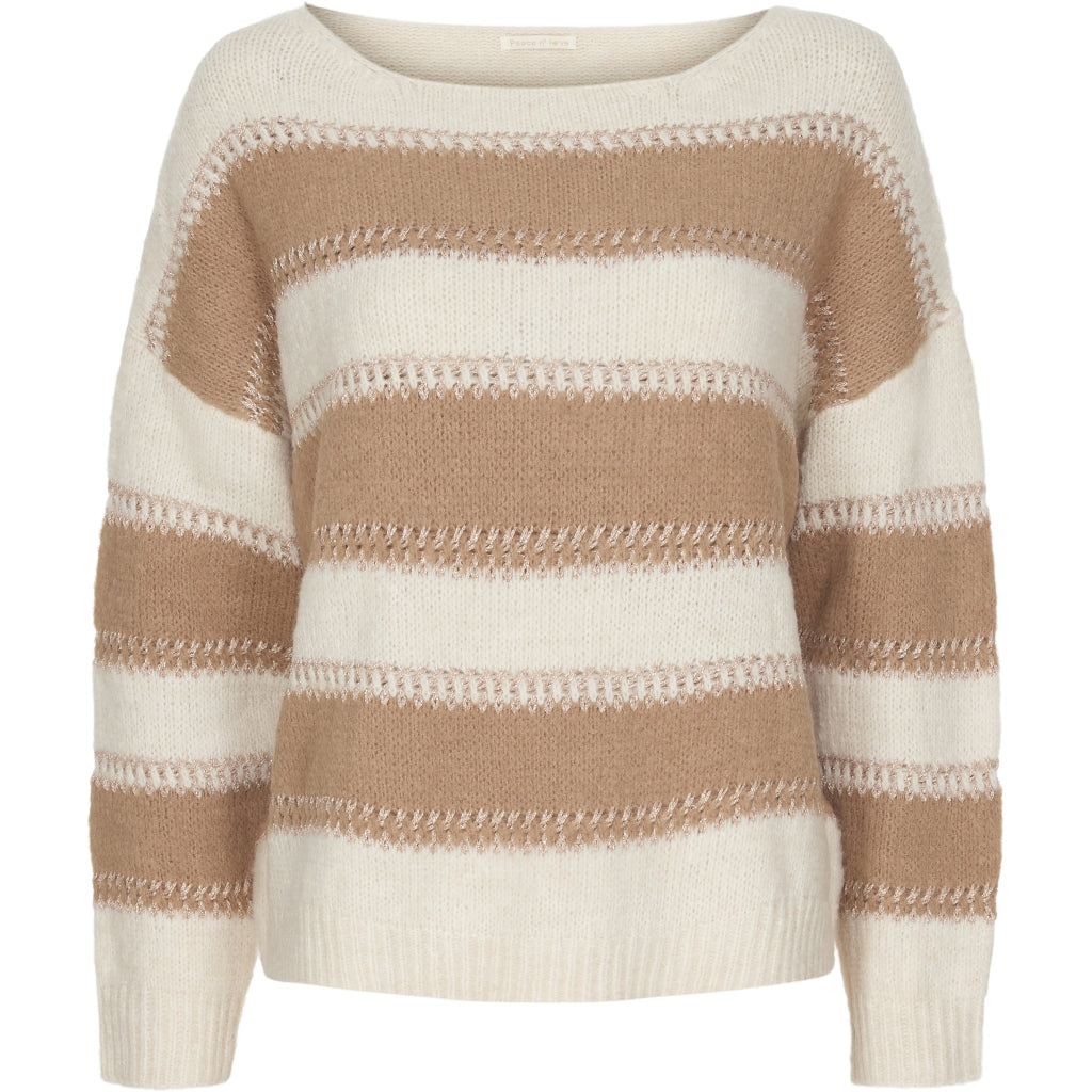Stribet strik med rund hals - Camel