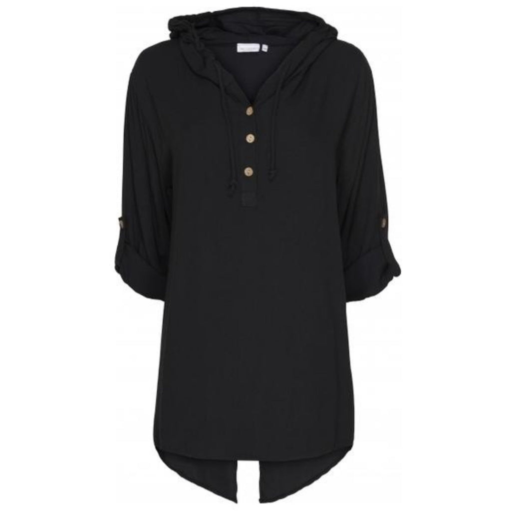 Løstsiddende bluse m. hætte - Black