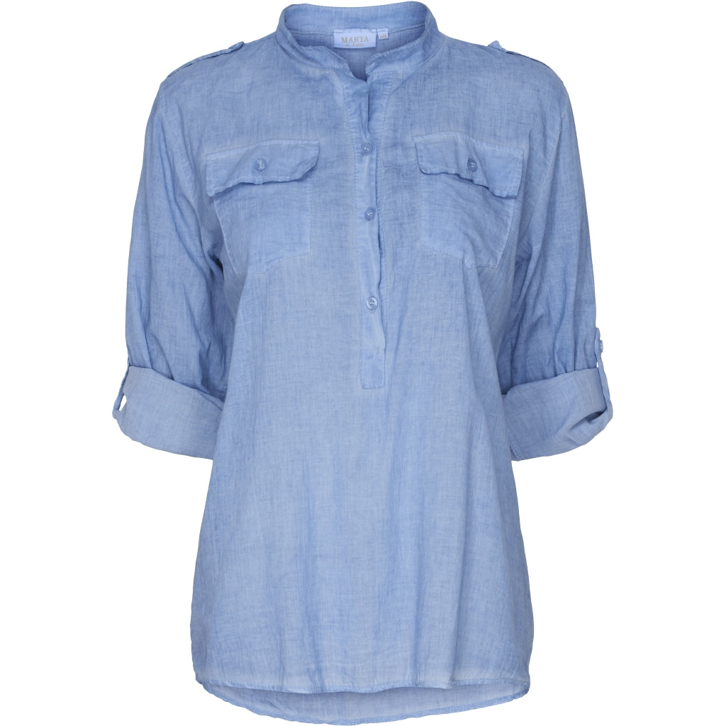Skjorte med opsmøg og brystlommer - Denim Blue Hot på udsalg