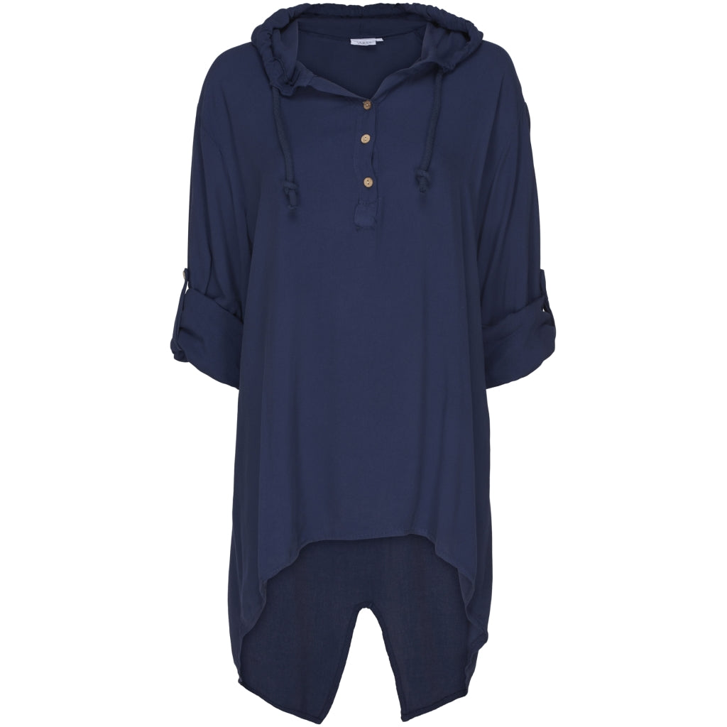 Løstsiddende bluse m. hætte - Navy Online Hot Salg